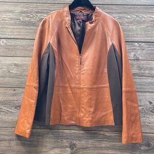 Hal Rubenstein Tan Brown Leather Jacket Coat Lined Ponte Stretch SZ 1X C101686